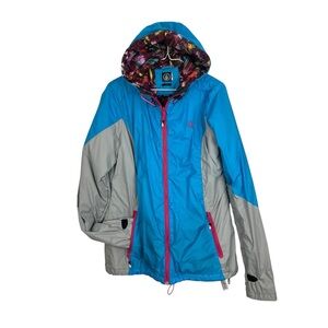 Volcom Hooded Colorblock Blue Gray Pink Zip Up Windbreaker Jacket Size Large